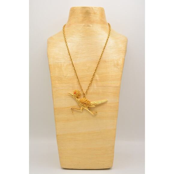 Vintage Roadrunner Necklace Pendant Brushed Textured Gold Tone Chunky 1980s Bin2 - Picture 6 of 12